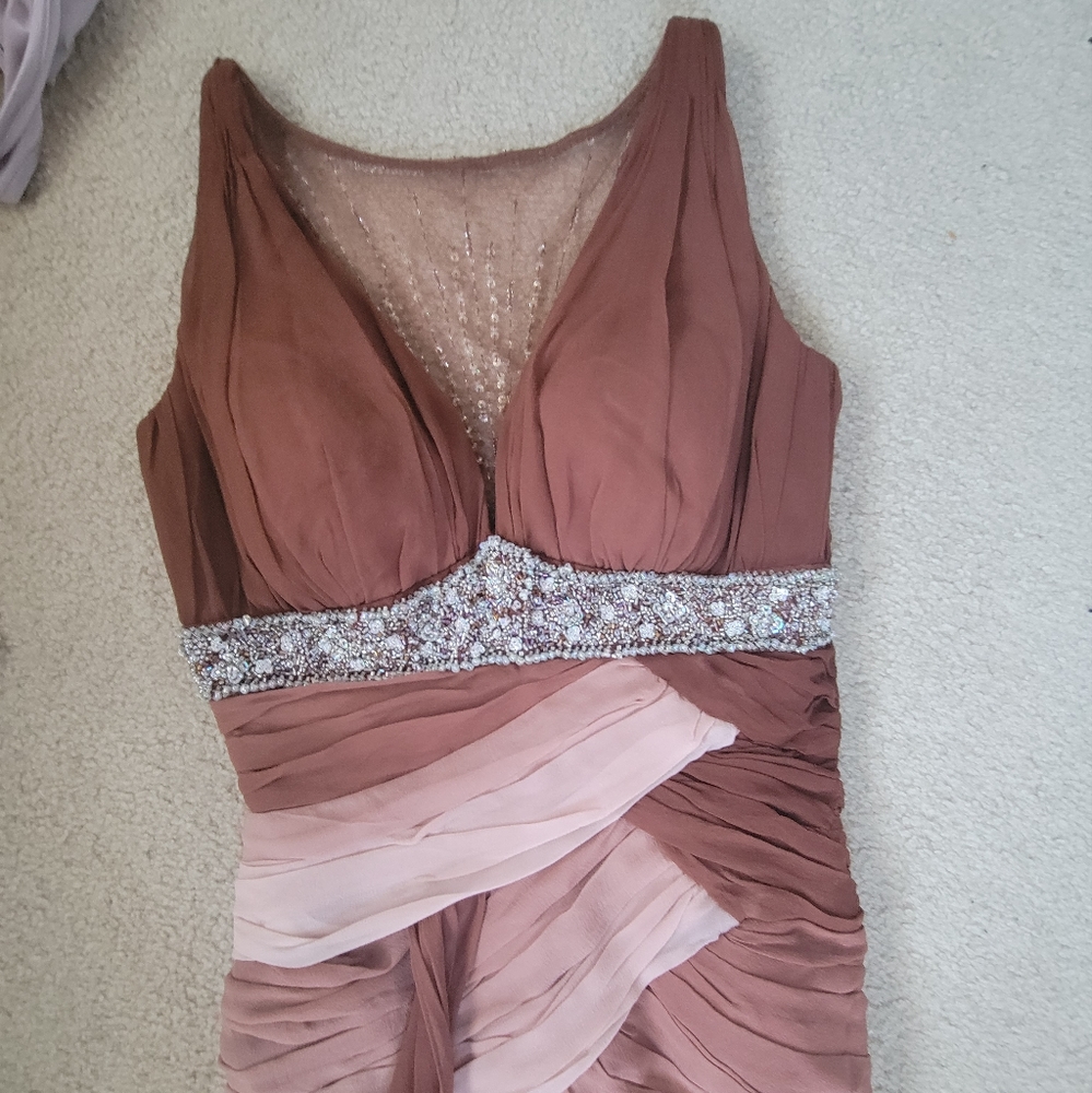 flowy red and pink tone dress bejeweled low cut formal dress